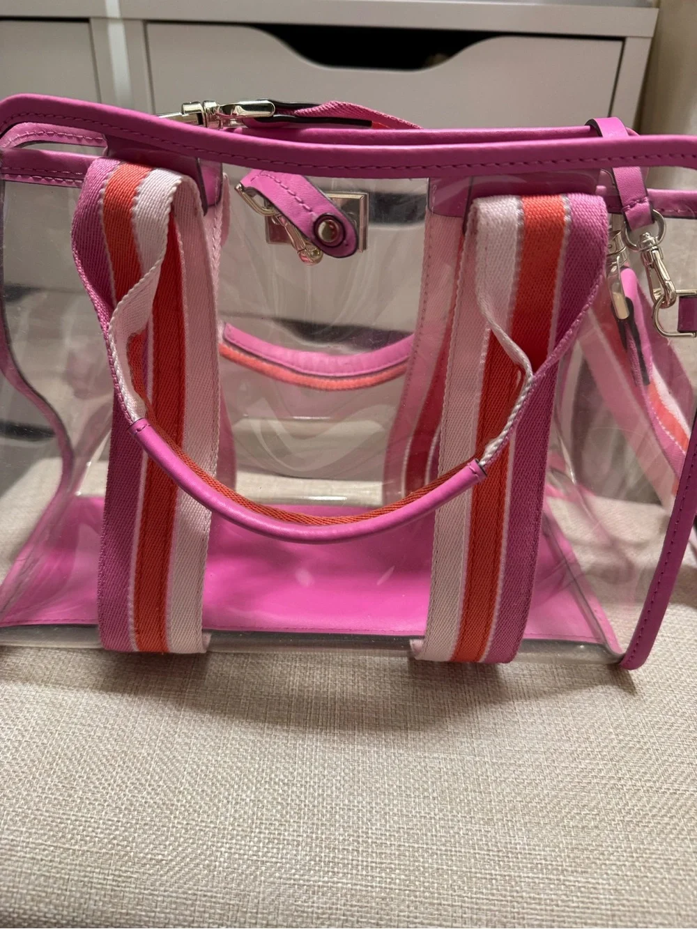 Kate Spade Clear Tote Bag with Pink Trim and Striped Strap